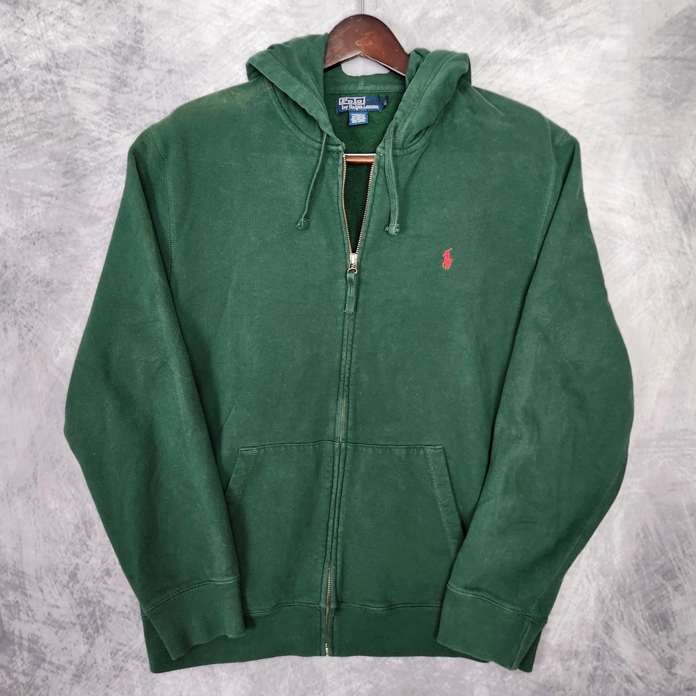 Vintage Polo Ralph Lauren Heavyweight Zip Hoodie Mens L Green Red Pony Y2K 90s